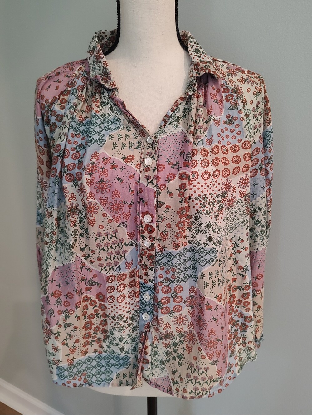 Roller Rabbit Silk Cotton Blend Coastal Boho Patchwork Floral Top Small